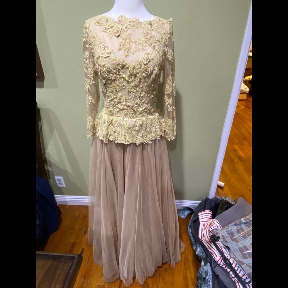 Mandalay. Yellow Gold Sparkle Floral Embroidered One Piece